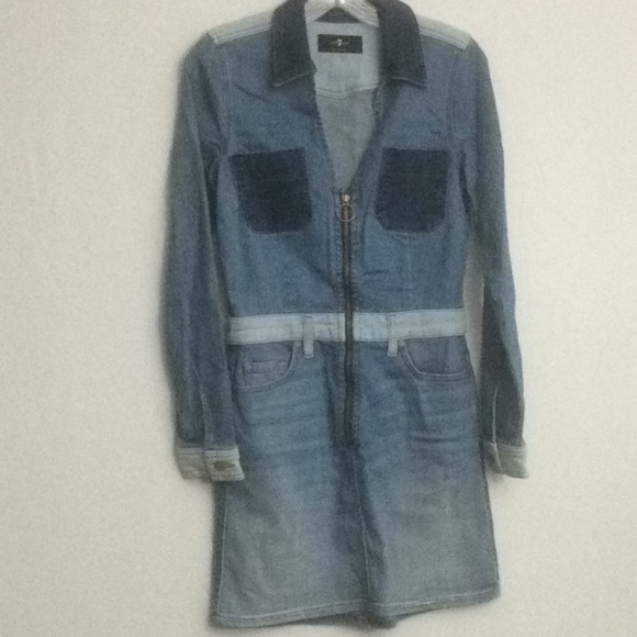 7FAM Patchwork Denim Dress Size Medium Blues - Picture 2 of 9